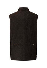 Gilet imbottito marrone con colletto rialzato, forma rettangolare e tasche laterali con bottoni a scatto. Il tessuto sembra morbido con una finitura opaca.