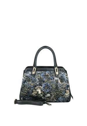 Handtasche mit dunklem Blumenmuster in Blau, Schwarz und Beige, mit zwei Griffen und abnehmbarem Schulterriemen.
