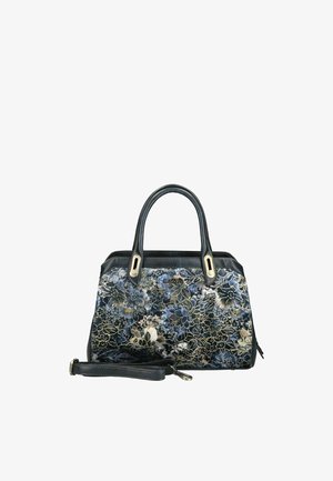 Handtasche mit dunklem Blumenmuster in Blau, Schwarz und Beige, mit zwei Griffen und abnehmbarem Schulterriemen.