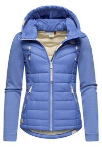 Light blue padded jacket with a zip front, elastic cuffs, and a drawstring hood. Features contrasting beige lining and zippered pockets.