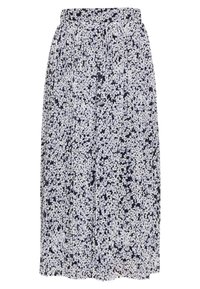 Plisovaná midi sukně s bílým a světle modrým květinovým potiskem na černém pozadí a elastickým pasem.