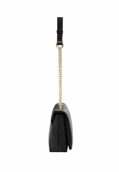 Black leather handbag with a rectangular shape, featuring a gold chain strap and flat sides. Smooth texture with minimal detailing.