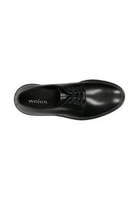 Scarpe stringate in pelle nera con finitura liscia, punta arrotondata e cinque occhielli in metallo. Presentano una soletta imbottita e un design elegante.