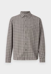 Bruine en crèmekleurige geruite shirt met een button-down kraag, lange mouwen en voorknopen; gemaakt van gemêleerde stof.