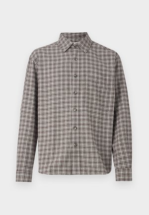 Bruine en crèmekleurige geruite shirt met een button-down kraag, lange mouwen en voorknopen; gemaakt van gemêleerde stof.