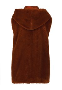 Brown, fuzzy sleeveless vest with a hood, featuring a soft texture and a straight hemline. The fabric appears plush and thick.