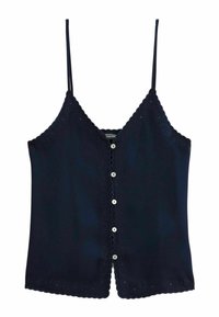 Débardeur bleu marine avec bretelles spaghetti réglables, dentelle festonnée le long de l'encolure et de l'ourlet, et fermeture à boutons à l'avant.