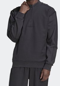 Svart hoodie med hög krage, fjärdedelsdragkedja och ribbade ärmslut. Har en mjuk textur och en subtil broderad logotyp på bröstet.