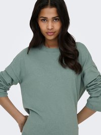 Pull oversize vert clair avec manches longues, poignets côtelés et encolure arrondie, fabriqué dans un tissu doux et texturé.