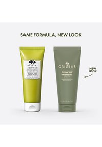Grønne og grå tuber med Origins Drink Up Intensive fuktighetsmaske. Den venstre tuben er lys grønn med hvitt lokk; den høyre er grå med grått lokk.