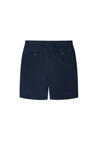 Shorts en coton bleu marine avec une texture lisse, présentant deux poches arrière avec boutons et un design à l'avant plat, conçus pour le confort.