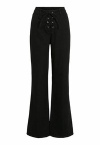 Crne široke hlače od pamuka, s vezanjem sprijeda uz srebrne rupice i klasičnim pojasom. Glatka tekstura i kroj prilagođen tijelu.