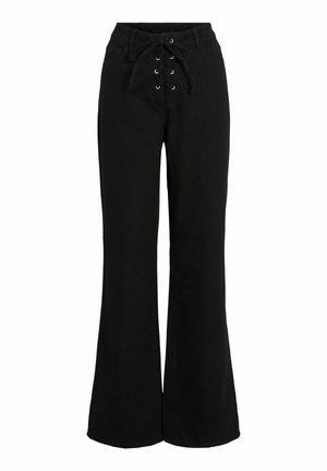 Czarne spodnie dzwony z bawełny, z wiązaniem z przodu na srebrnych oczkach i klasycznym paskiem w talii. Gładka struktura i dopasowany krój.