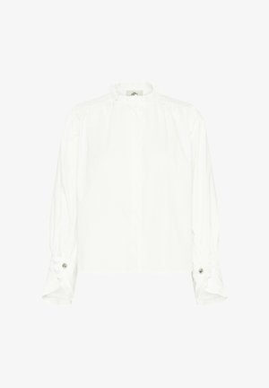 Bílá halenka s dlouhými rukávy a vysokým, volánkovým límcem. Má zapínání na manžetách na knoflíky a hladkou bavlněnou texturu. Jednoduchý, jednobarevný design.