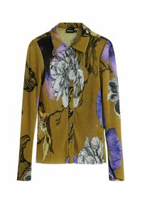 Camicia a maniche lunghe in corda giallo senape con grande stampa floreale in nero, bianco e viola; presenta un colletto e chiusura frontale con bottoni.
