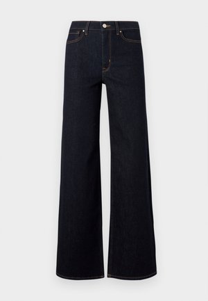 Dunkelblaue weit geschnittene Jeans aus Denim, mit hoher Taille, Kontrastnähten und einem einzelnen Metallknopf vorne.