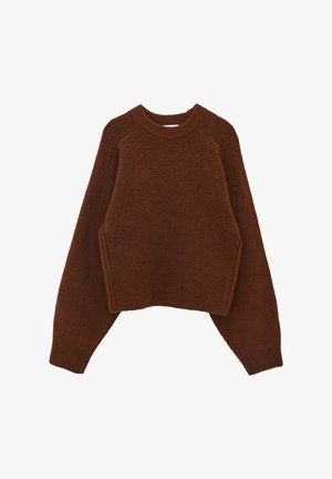 Bruine gebreide trui met een geribbelde textuur, ronde halslijn en oversized mouwen, met een cropped ontwerp en zijnaden.