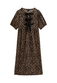 Robe imprimée léopard en tan et noir, avec une coupe ample, des manches courtes et un détail de nœud en ruban au niveau du col.