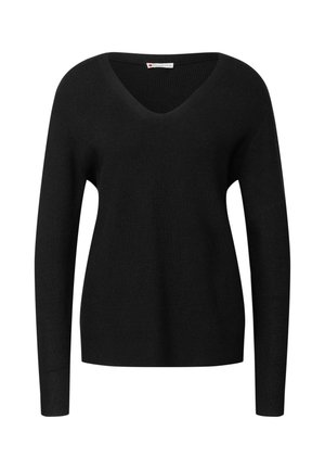 Sort strikket sweater med lange ærmer, V-hals og ribbet tekstur. Enkel design, minimal detaljer, alsidig til lag-på-lag styling.