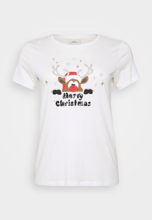 T-shirt blanc à manches courtes avec un graphisme de renne ayant un nez rouge, des bois et un chapeau de Noël, accompagné de "Joyeux Noël" en noir.