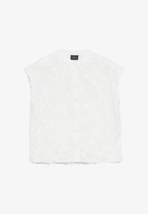 Blouse blanche sans manches avec broderie florale, col rond et fermeture à boutons sur le devant.