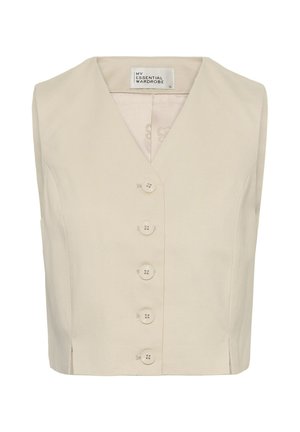 Vestă bej fără mâneci cu cinci nasturi în față și guler în V, etichetată "My Essential Wardrobe", mărimea 36.
