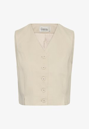 Gilet beige senza maniche con cinque bottoni frontali e colletto a V, etichettato "Il mio guardaroba essenziale", taglia 36.