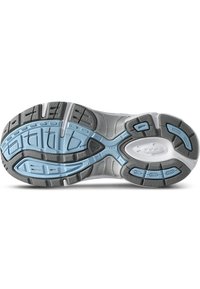 Shoe sole features a gray and light blue design, with textured grooves and multi-directional treads for traction and stability.