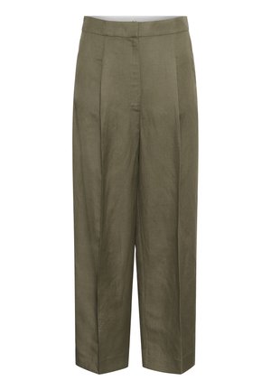Olivgrüne, hoch taillierte, weit geschnittene Hose mit vorderen Falten und verdecktem Frontverschluss.