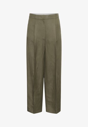 Maslinasto zelene hlače širokih nogavica s visokim strukom, prednjim naborima i skrivenim prednjim kopčanjem.