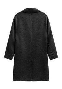 Dunkelgrauer Wollmantel mit Schalkragen, langen Ärmeln und geradem Schnitt. Verfügt über eine Mittelnaht am Rücken und ein minimalistisches Design.
