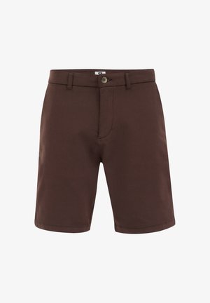 Brūni kokvilnas šorti ar pogu aizdari, jostu cilpām un gludu faktūru. Iezīmē klasisku griezumu un divām sānu kabatām.