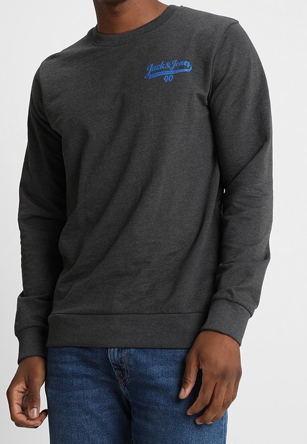 Tmavě šedá mikina s dlouhým rukávem a modrým logem na hrudi, žebrované manžety a lem. Bavlněná směs, volný střih.