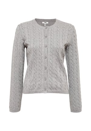 Gray cable-knit cardigan with long sleeves, button-front closure, and ribbed texture. Features small buttons and a round neckline.