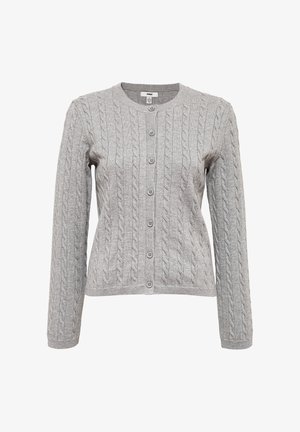 Cardigan grigio a maglia grossa con maniche lunghe, chiusura a bottoni frontale e texture a coste. Presenta piccoli bottoni e un collo rotondo.