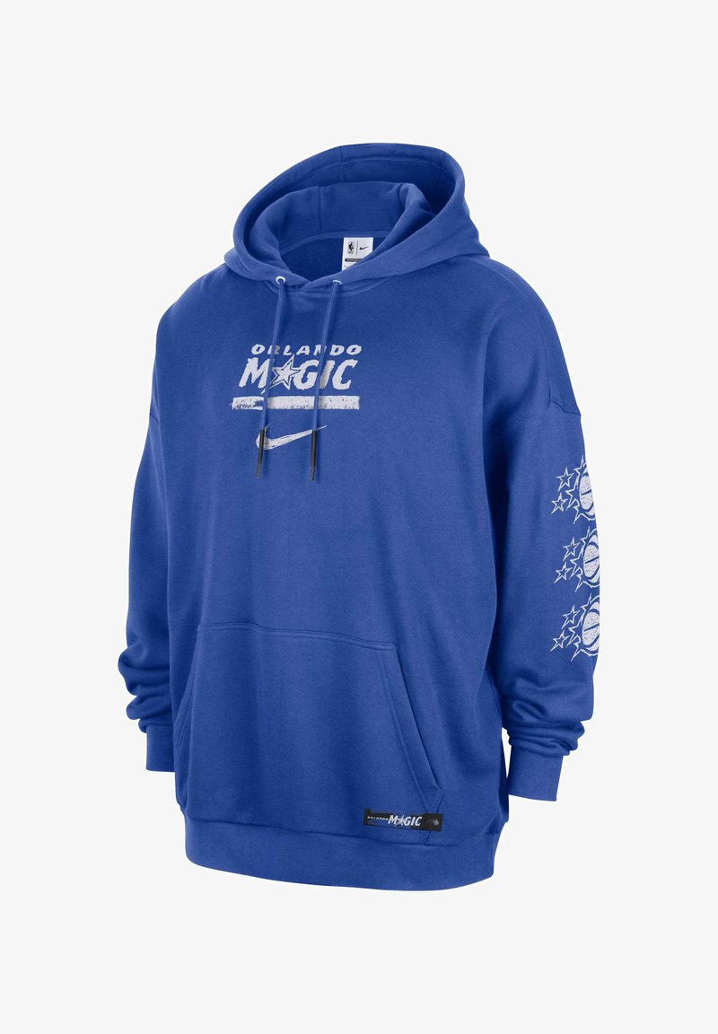 Μπλε φούτερ με κουκούλα με το κείμενο "Orlando Magic" και το λογότυπο αστέρι στο στήθος, γραφικό θέμα μπάσκετ με αστέρια στο μανίκι και μπροστινή τσέπη καγκουρό.