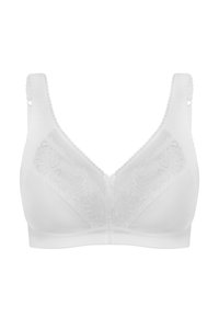 Biały biustonosz z koronkowymi zdobieniami na miseczkach, regulowanymi ramiączkami i gładkim wykończeniem. Bezszwowy design zapewnia wygodne dopasowanie.