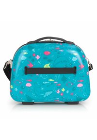 Eine türkisfarbene Hartschalen-Tasche mit einem verspielten maritimen Muster, das Fische, Delfine und Quallen zeigt. Schwarzer Griff und verstellbarer Schultergurt sind im Lieferumfang enthalten.