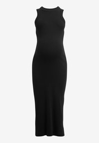 Mustaton, hihaton mekko korkealla kauluksella, vartaloa myötäilevä siluetti ja ribatut pinnat, suunniteltu sopimaan raskaana olevan vartaloon.