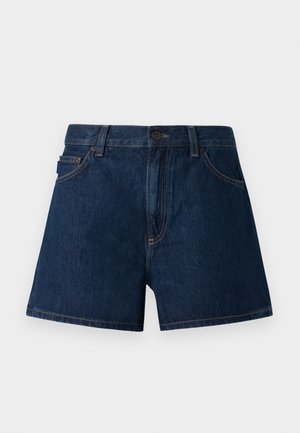 Denim shorts in dark blue with a classic fit, featuring five pockets, a button closure, and subtle stitching details.