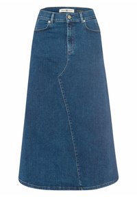 Džínová áčková sukně ve středně modré barvě, s vysokým pasem, zapínáním na zip a knoflík a diagonálním švem na přední straně.