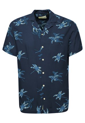 Chemise à manches courtes bleu marine avec un motif floral bleu et blanc, fermeture à boutons sur le devant, et une coupe décontractée avec un col classique.