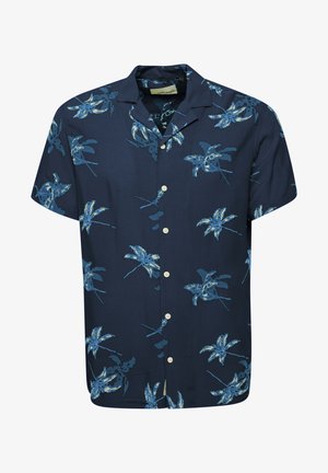 Chemise à manches courtes bleu marine avec un motif floral bleu et blanc, fermeture à boutons sur le devant, et une coupe décontractée avec un col classique.