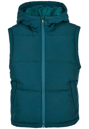 Gilet rembourré teal avec capuche, fermeture éclair sur le devant et deux poches latérales. Présente un design matelassé et un tissu léger et déperlant.