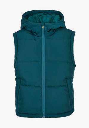 Teal puffer vest met een capuchon, ritssluiting aan de voorkant en twee zijzakken. Heeft een doorstikte ontwerp en is gemaakt van lichtgewicht, waterafstotende stof.