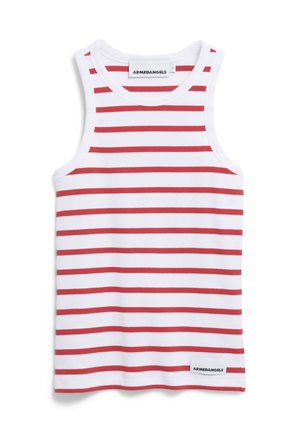 Witte tanktop met rode horizontale strepen, gemaakt van ribbelstof. Beschikt over een ronde halslijn en een klein merklabel aan de onderkant.