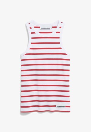 Witte tanktop met rode horizontale strepen, gemaakt van ribbelstof. Beschikt over een ronde halslijn en een klein merklabel aan de onderkant.
