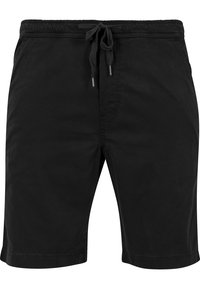 Shorts noirs en tissu léger avec une ceinture élastique et un cordon de serrage. Ils présentent une coupe droite, un devant plat, et aucun motif visible.
