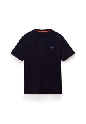 Navy blue cotton t-shirt with short sleeves, crew neckline, and a small blue and white flag emblem on the left chest.