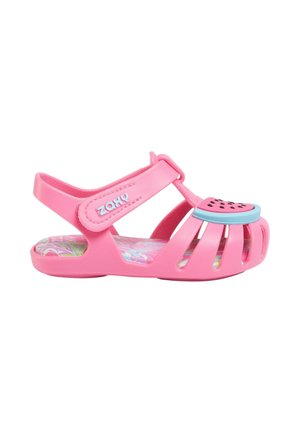 Sandalo rosa per bambini con punta aperta, cinturino regolabile, decorazione con anguria e fantasia colorata sulla soletta, progettato per un uso casual.
